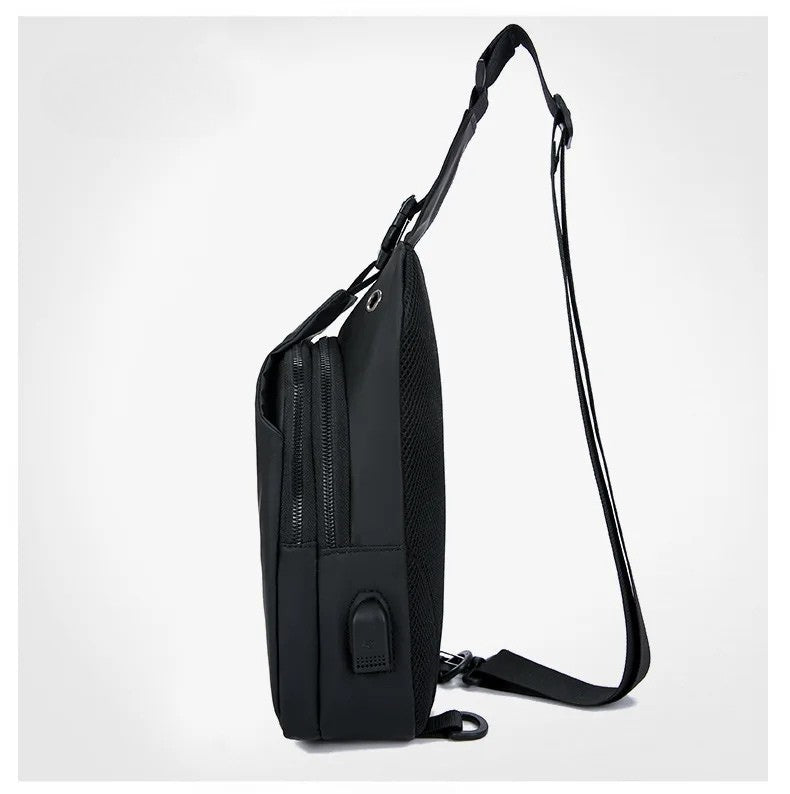 Men's Black Nylon Crossbody Bag with USB Charging Port And Headphone Hole