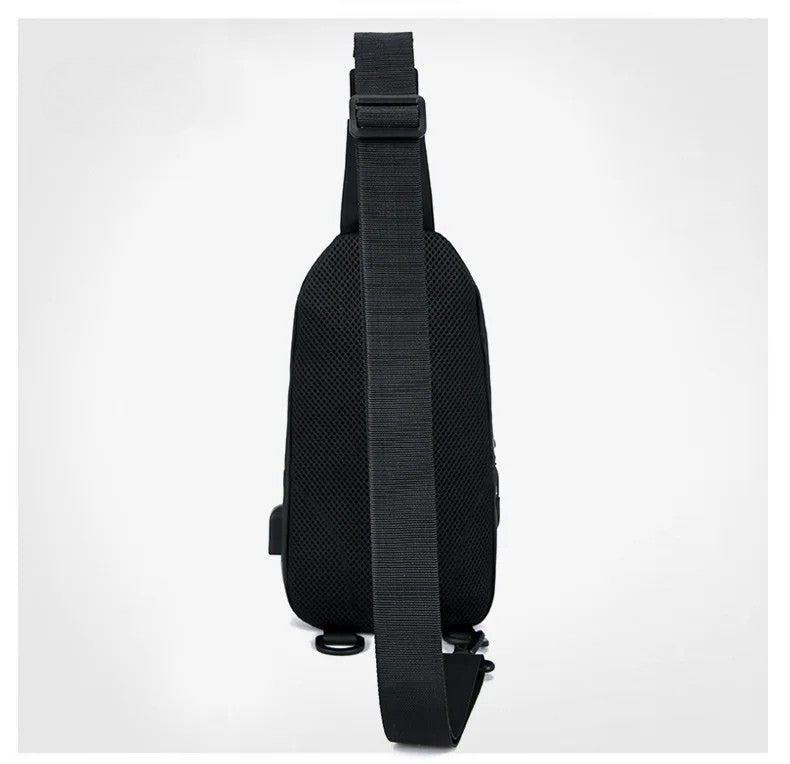 Men's Black Nylon Crossbody Bag with USB Charging Port And Headphone Hole