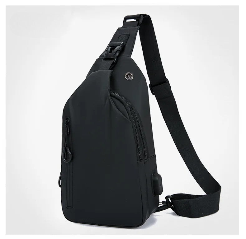 Men's Black Nylon Crossbody Bag with USB Charging Port And Headphone Hole