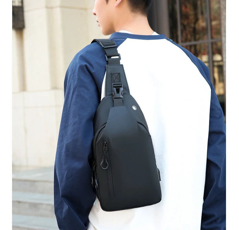 Men's Black Nylon Crossbody Bag with USB Charging Port And Headphone Hole