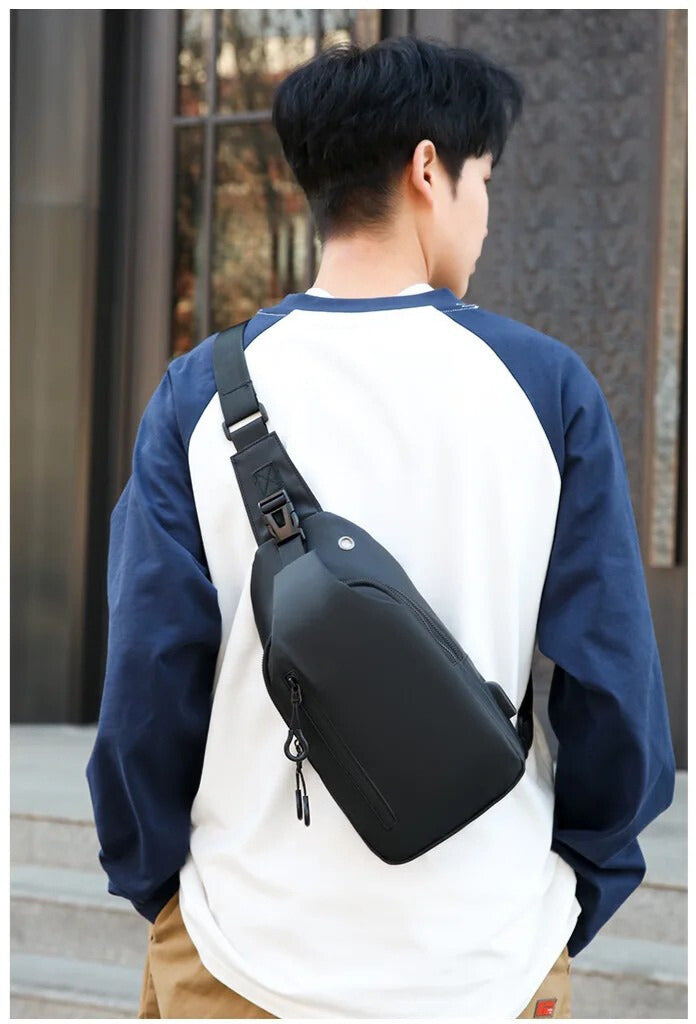 Men's Black Nylon Crossbody Bag with USB Charging Port And Headphone Hole