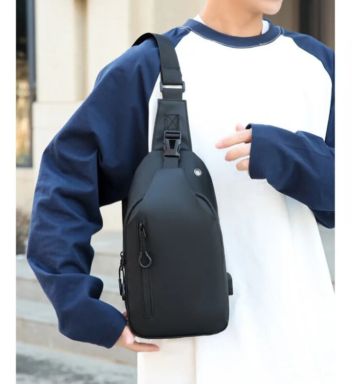 Men's Black Nylon Crossbody Bag with USB Charging Port And Headphone Hole
