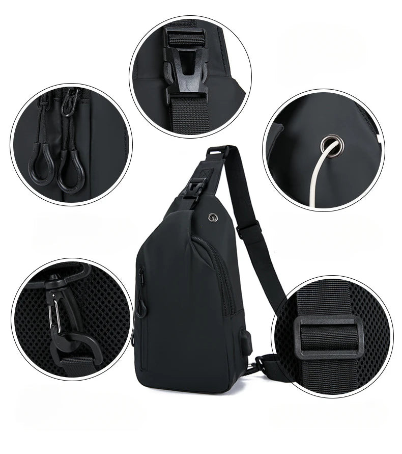 Men's Black Nylon Crossbody Bag with USB Charging Port And Headphone Hole