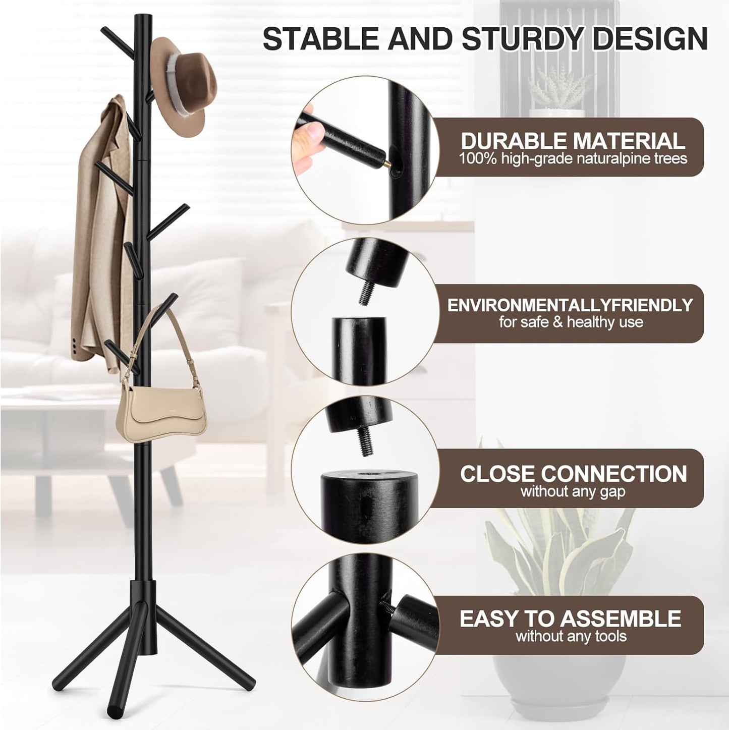 Freestanding Coat Rack - Space-Saving Wood Design for Entryway