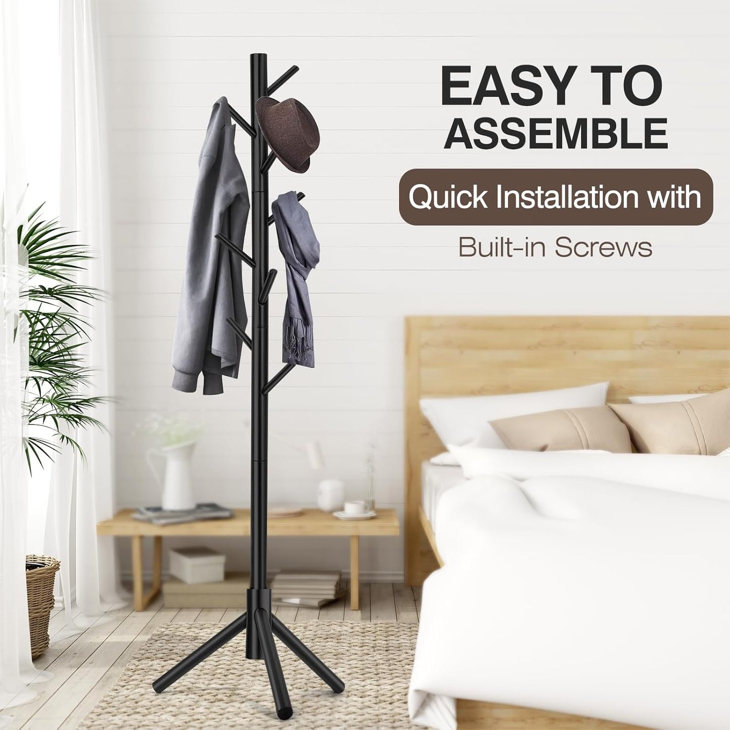 Freestanding Coat Rack - Space-Saving Wood Design for Entryway