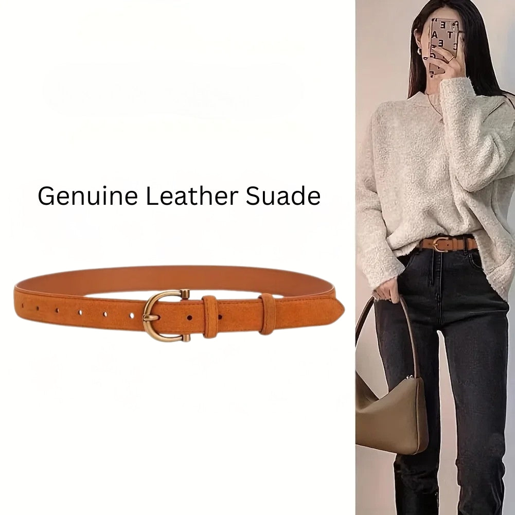 Women's Brown Leather Suede Belt - Vintage Buckle