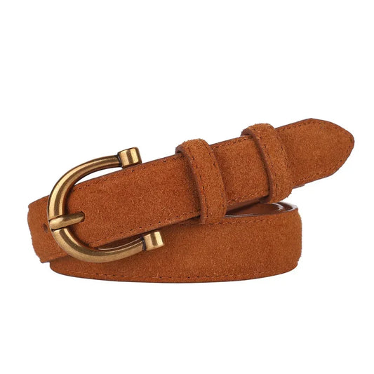 Genuine Suede Leather Belt For Women - Vintage Gold Buckle