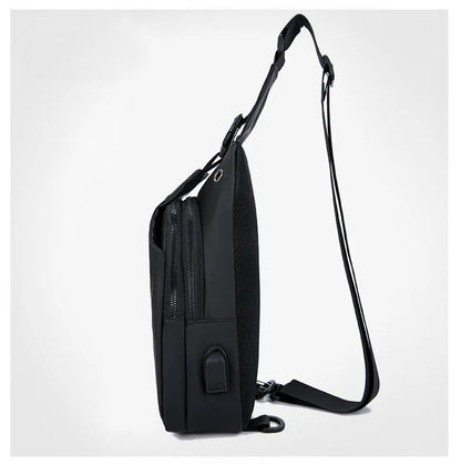 Men's Black Nylon Crossbody Bag with USB Charging Port And Headphone Hole