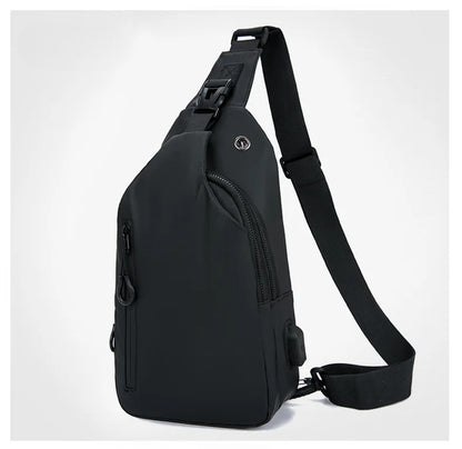 Men's Black Nylon Crossbody Bag with USB Charging Port And Headphone Hole