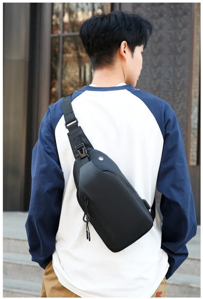 Men's Black Nylon Crossbody Bag with USB Charging Port And Headphone Hole