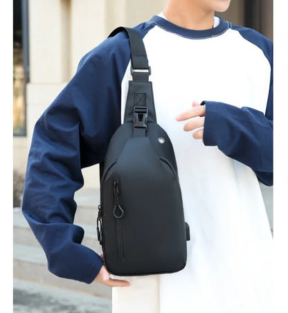 Men's Black Nylon Crossbody Bag with USB Charging Port And Headphone Hole