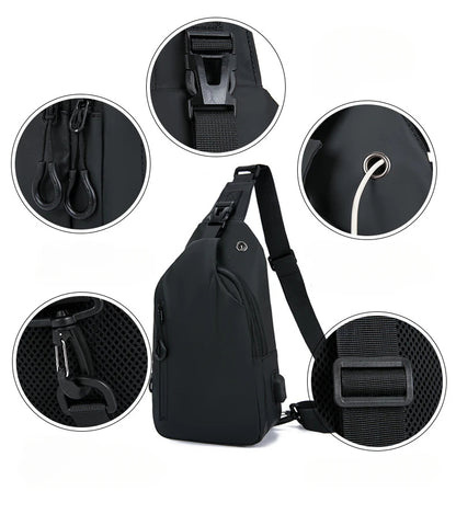 Men's Black Nylon Crossbody Bag with USB Charging Port And Headphone Hole